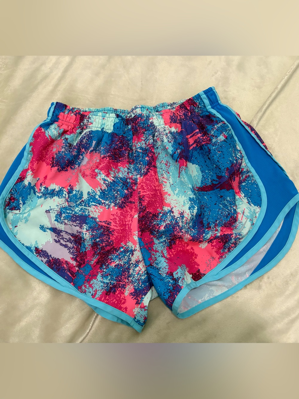 Nike Blue Athletic Shorts with Pink & Aqua Abstract Print